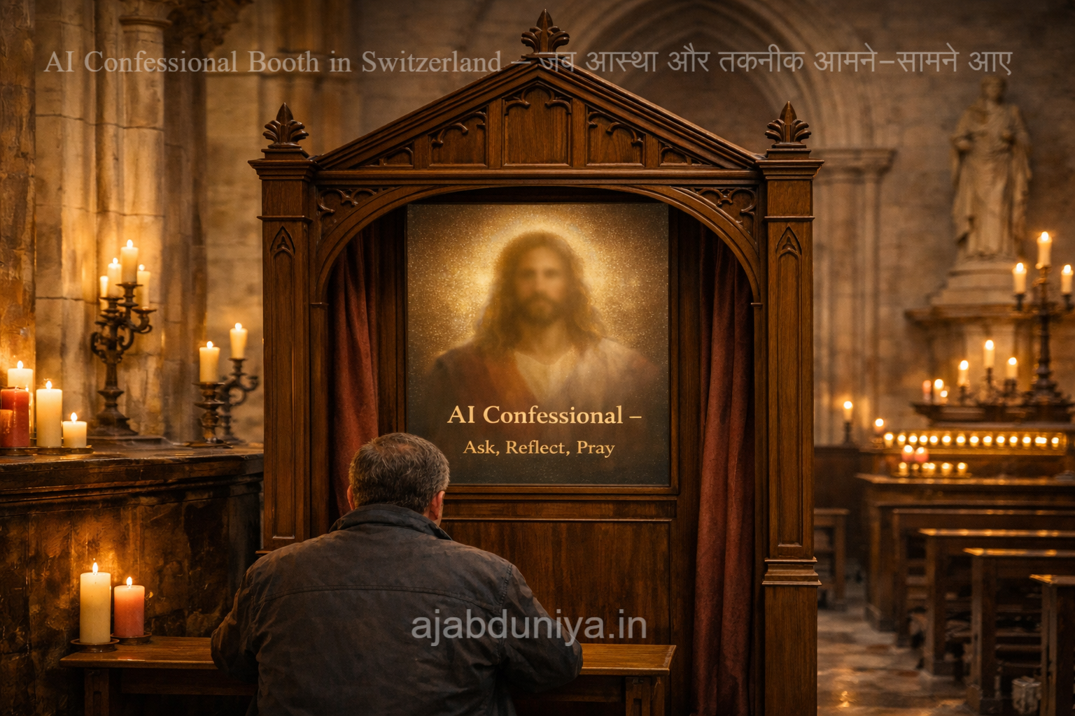 AI Jesus in Switzerland confessional booth with glowing digital figure and candles in church