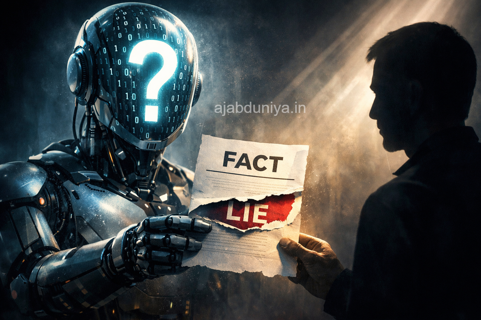 ChatGPT विवादएक रोबोट और इंसान के बीच बातचीत, जहाँ रोबोट 'FACT' शब्द के नीचे 'LIE' को उजागर करता है — AI द्वारा गलत जानकारी देने का प्रतीक