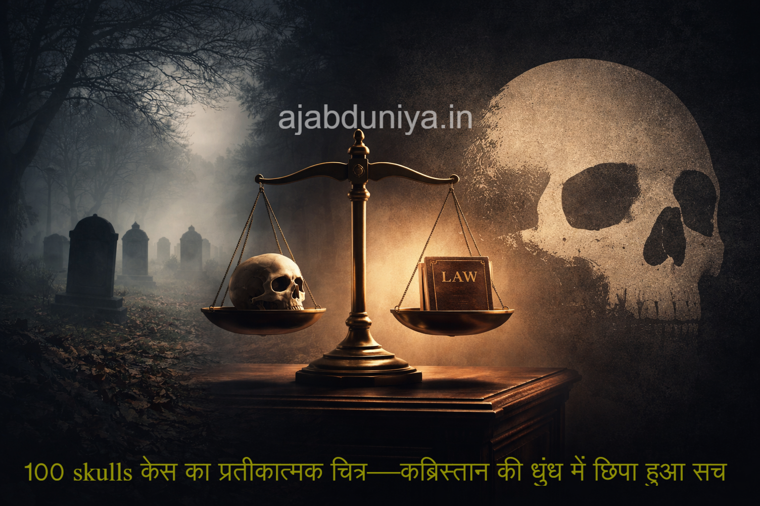 Symbolic illustration of 100 skulls case — a balance scale with a human skull on one side and a LAW book on the other, misty graveyard background with tombstones and faint skull silhouette, representing justice, crime, and morality in Pennsylvania grave robbery case.
