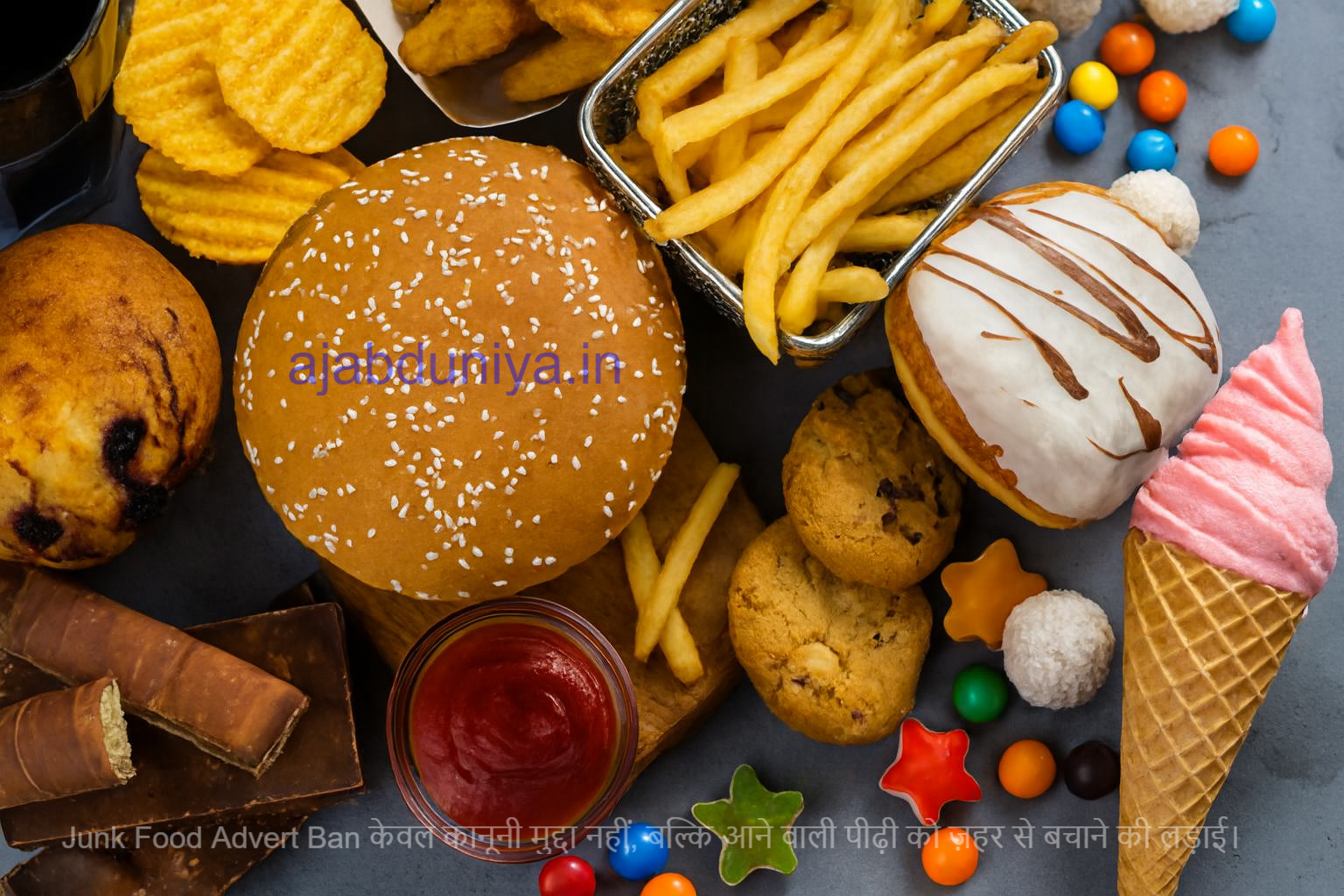 Junk Food Advert Ban जागरूकता इमेज जिसमें बर्गर, फ्रेंच फ्राइज़, चिप्स, डोनट, चॉकलेट और आइसक्रीम दिखाई दे रहे हैं, जो बच्चों और युवाओं की सेहत पर जंक फूड के खतरनाक प्रभाव को दर्शाते हैं